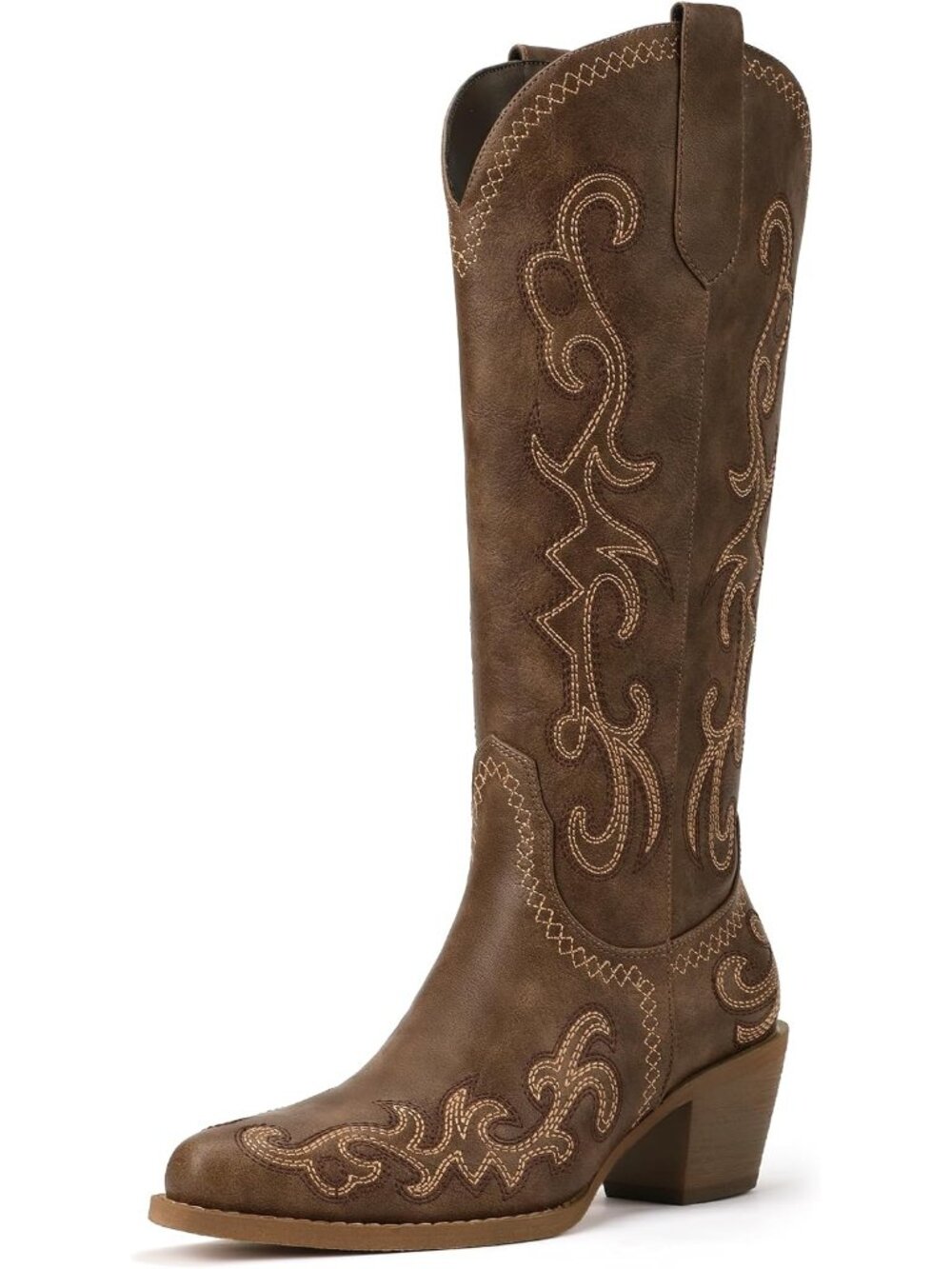 Women's Western Cowgirl Knee High Long Boots Brown Low Block Heel Pointed Toe